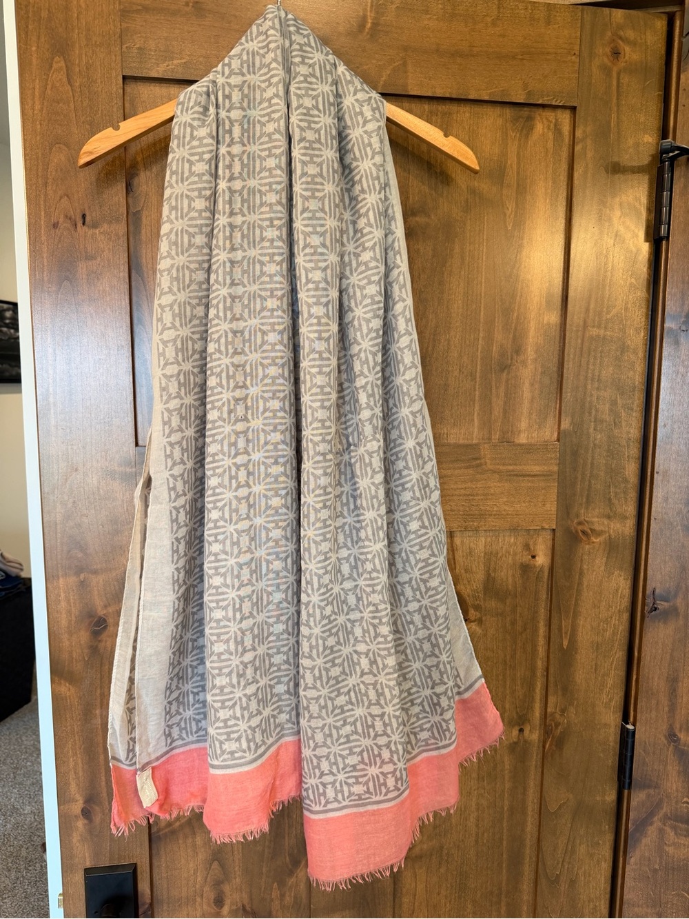 India Hicks Gray Patterned Scarf with Pink Border